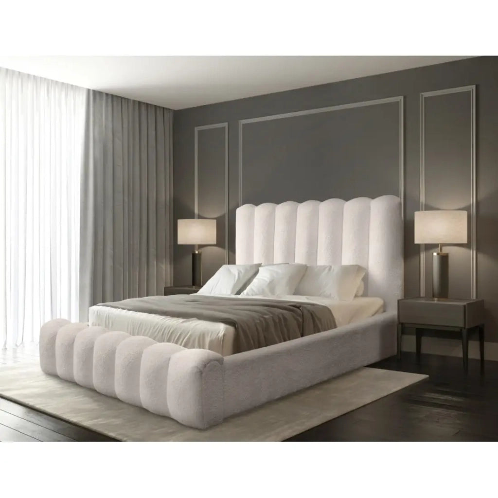 Letto contenitore BADJA – Tessuto bouclé Avorio rosato – 160x200 cm – Rete sollevabile – Design di alta gamma