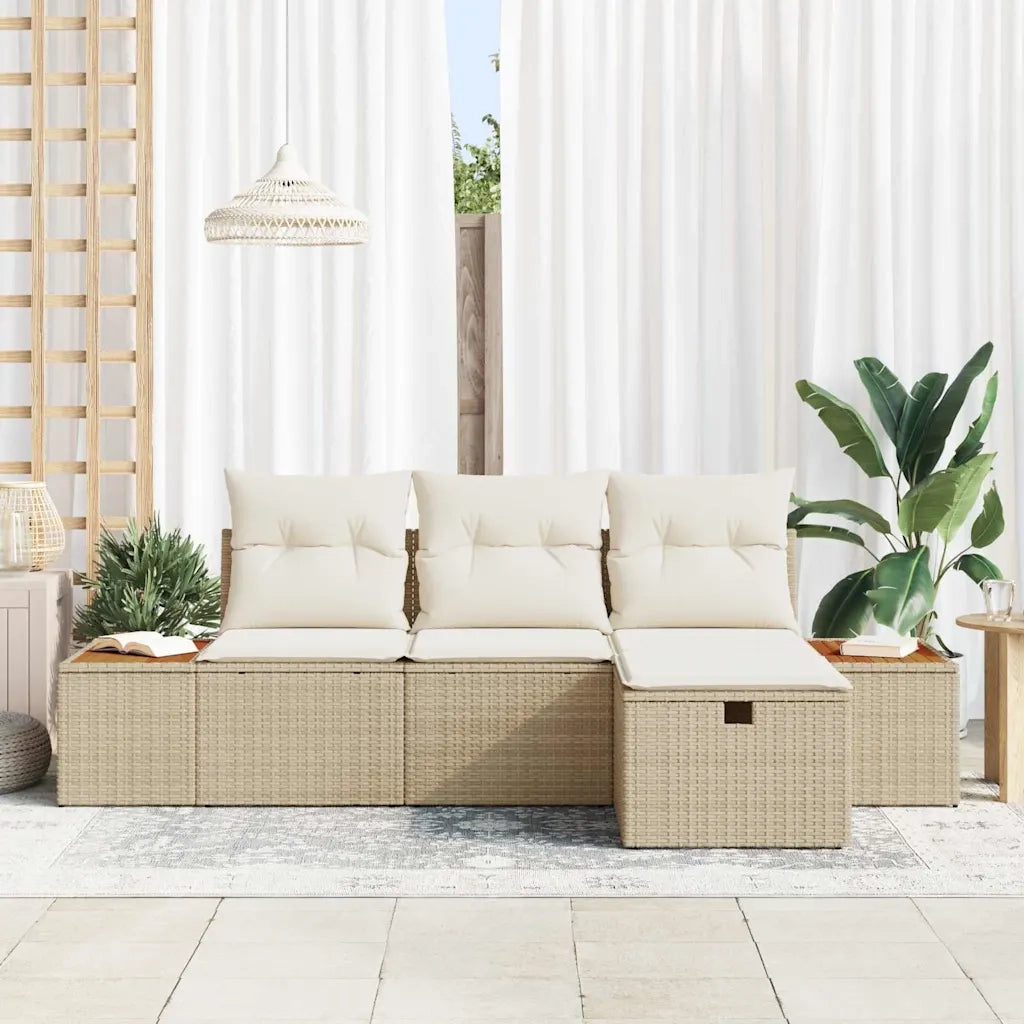 Set Divano da Giardino con cuscino 4 pcs Beige Poly Rattan