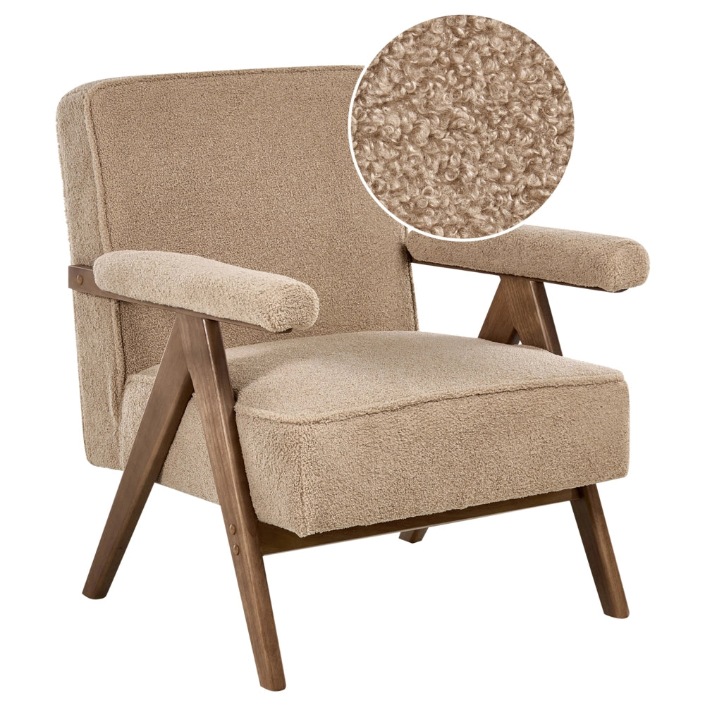 Poltrona con rivestimento in tessuto boucle beige Evje Design Retrò Struttura in legno Braccioli Soggiorno