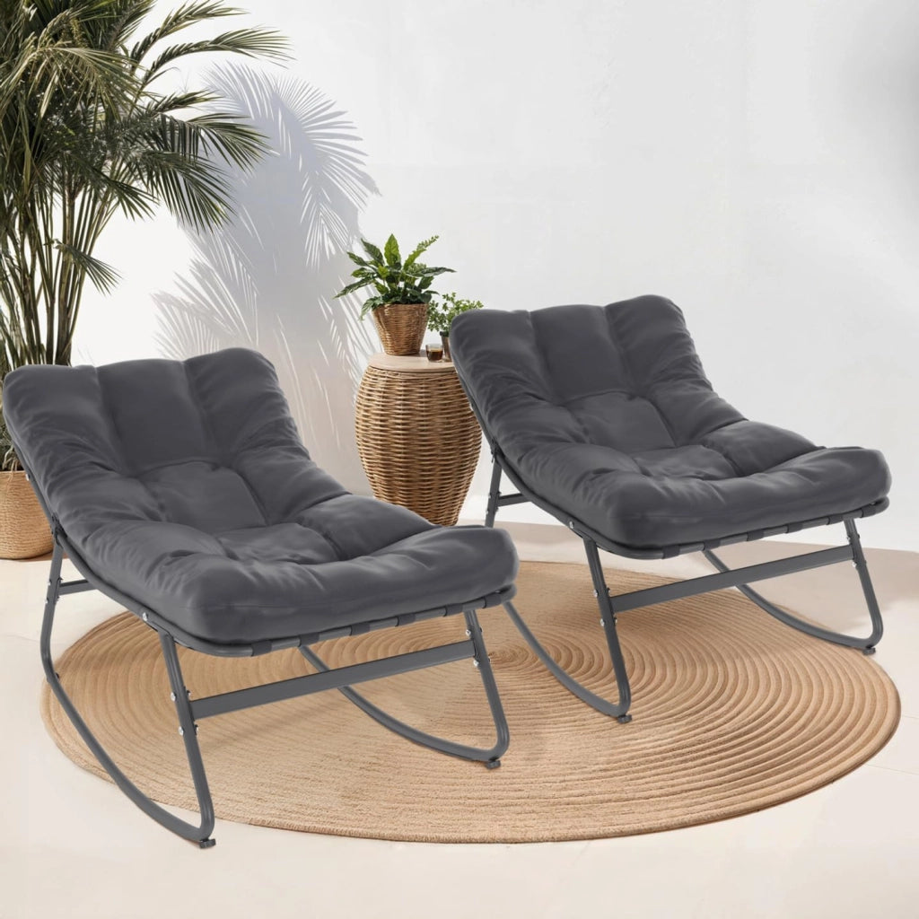 Set di 2 sedie a Dondolo da Giardino Arona in Grigio Antracite con Cuscini Grigi