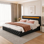 Letto imbottito 140x200 cm con contenitore, LED, PU nero
