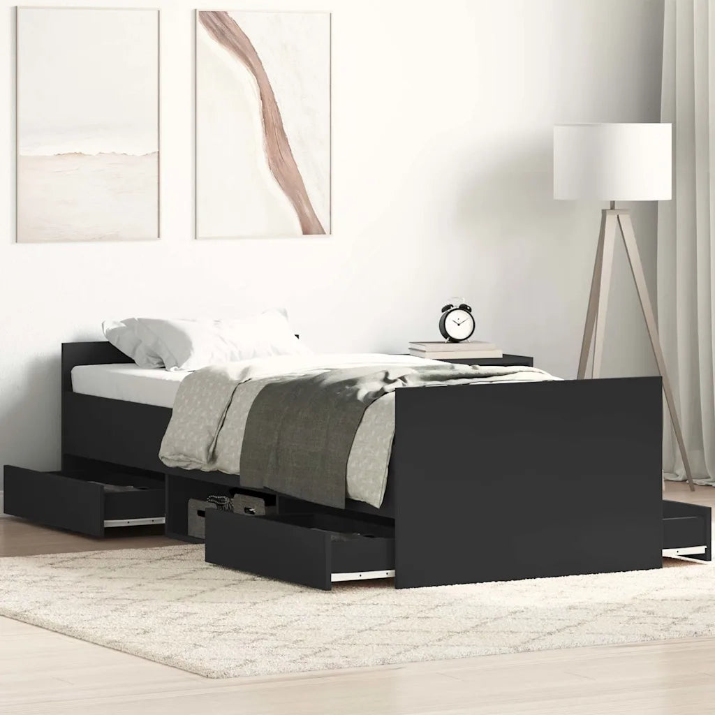Letto singolo | Letto per adulti | Giroletto con Testiera e Pediera Nero 90x190 cm