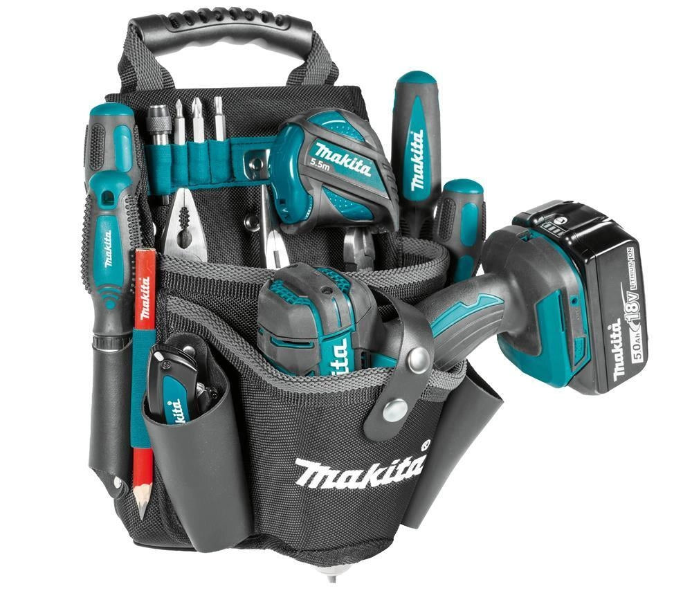 Makita E-15182 Borsa Portautensili per Trapano Ambidestro in Pelle e Poliestere con Supporto per Metro e Clip per Cintura colore Nero