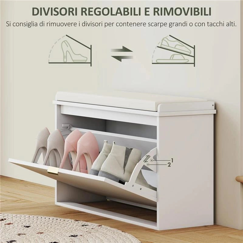 PANCA SCARPIERA CON RIPIANO INTERNO IN LEGNO E TESSUTO EFFETTO LINO 80X26X47.5 CM BIANCA E BEIGE