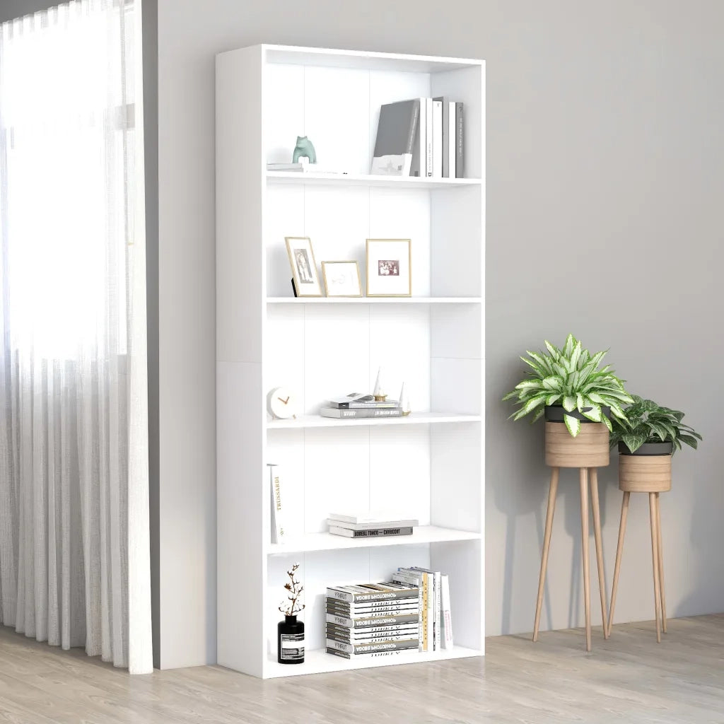 Libreria a 5 Ripiani-Scaffale per Libri-Mobile di Stoccaggio Bianca 80x30x189 cm in Legno Multistrato
