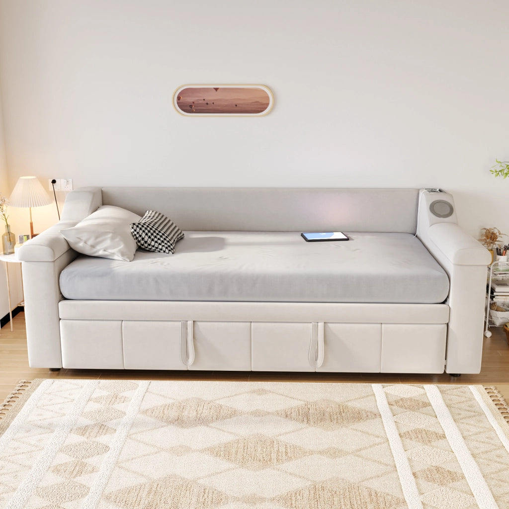 OKWISH Letto a Scomparsa 90×190 cm, Letto Singolo con Bluetooth, USB, Vani Portaoggetti e Braccioli, senza Materasso, Beige