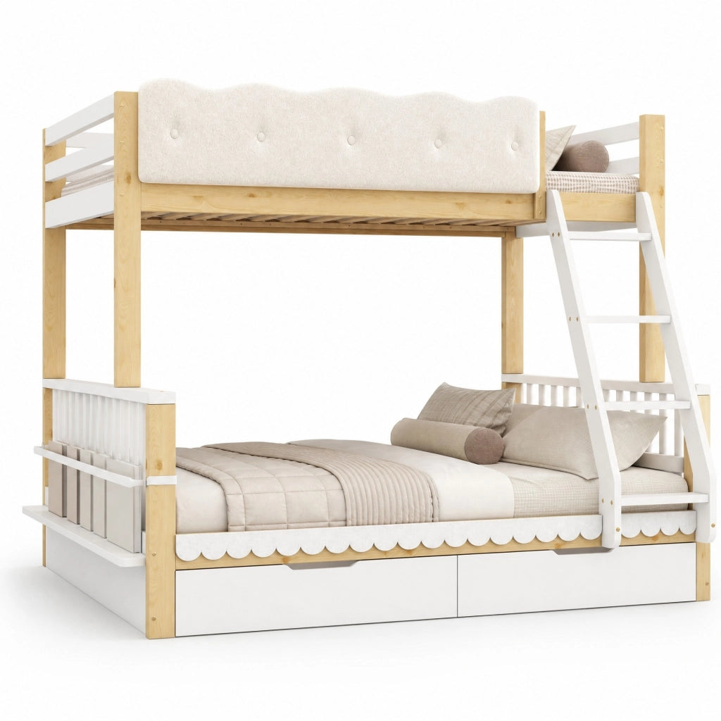 Letto a castello per bambini 90x200/140x200 cm con cassetti, portariviste e scala inclinata, Bianco & Rovere