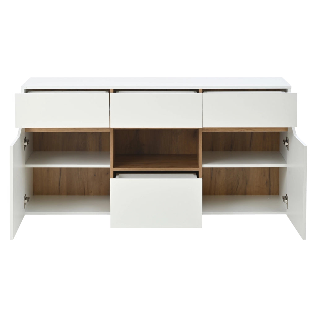 OKWISH Credenza con 4 Cassetti e 2 Ante, Illuminazione LED, per Soggiorno, Pannello di Particelle, Bianco, 140 x 40 x 70 cm