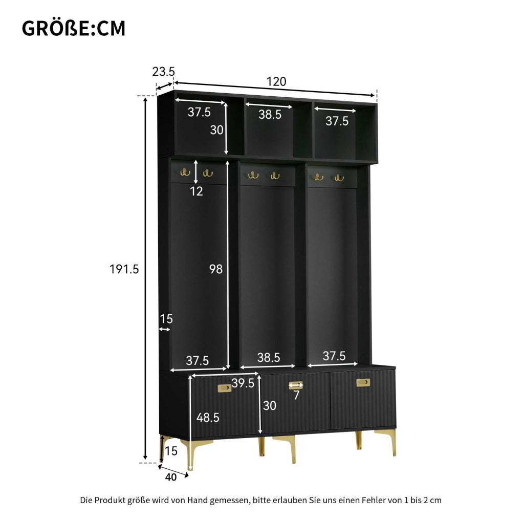 Guardaroba da ingresso multifunzionale con panca e vani portaoggetti; 120x23;5x191;5 cm; nero