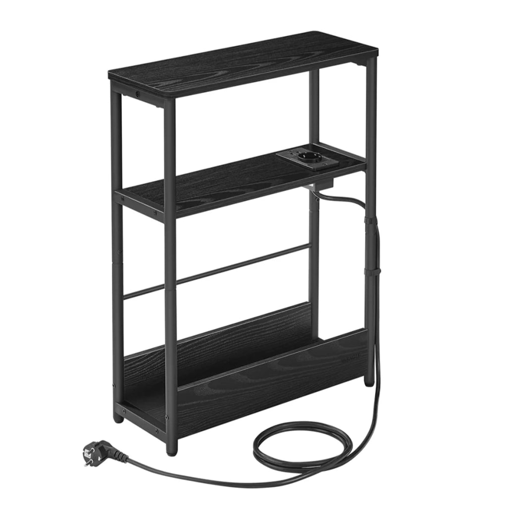Tavolino sottile con multipresa 18 x 45 x 58 cm comodino a 3 ripiani tavolino per piccoli spazi portariviste soggiorno camera da letto ufficio tavolini laterali nero 12_0007556