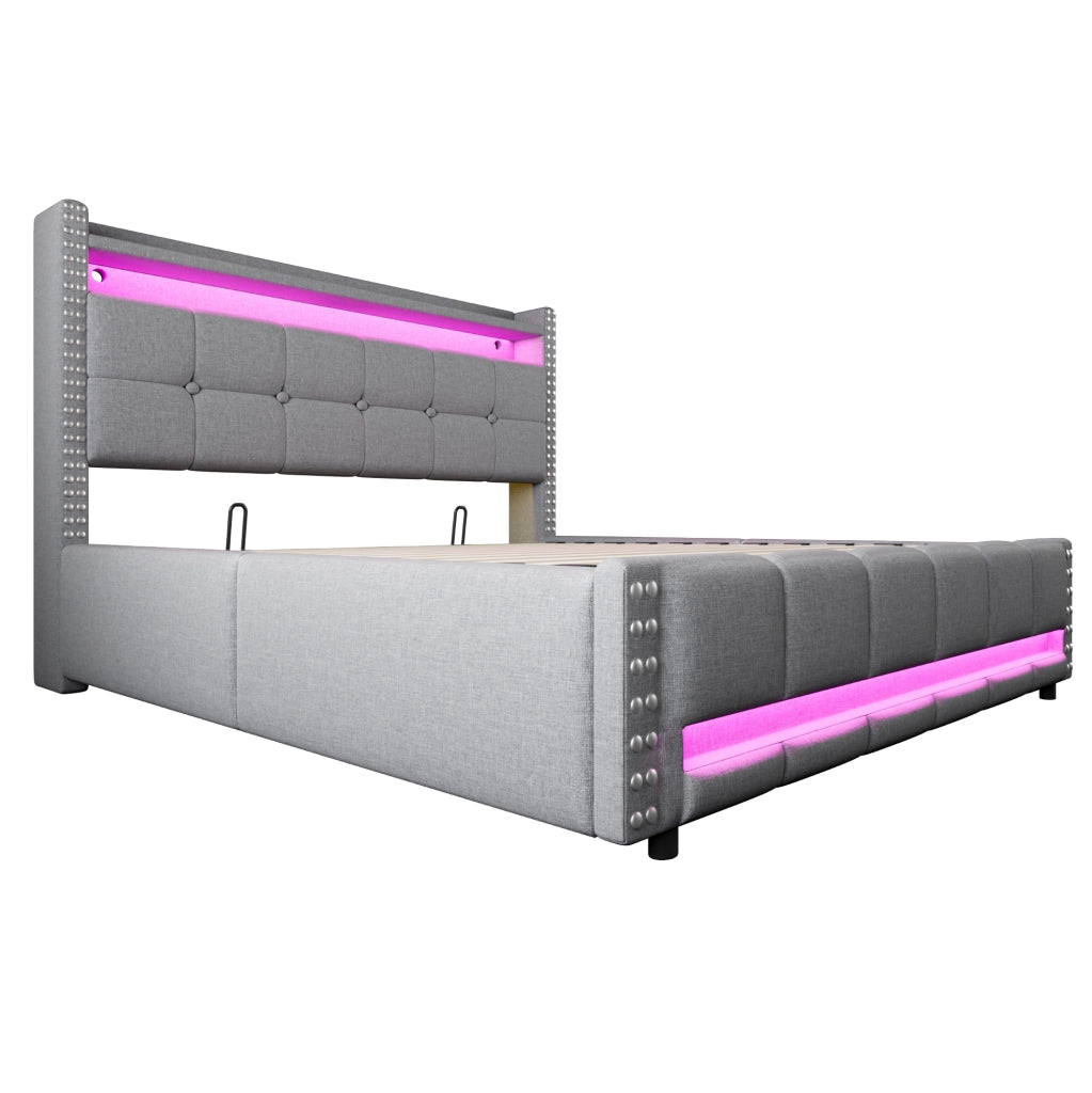 Letto imbottito 160x200 cm con LED; USB e contenitore in lino grigio chiaro
