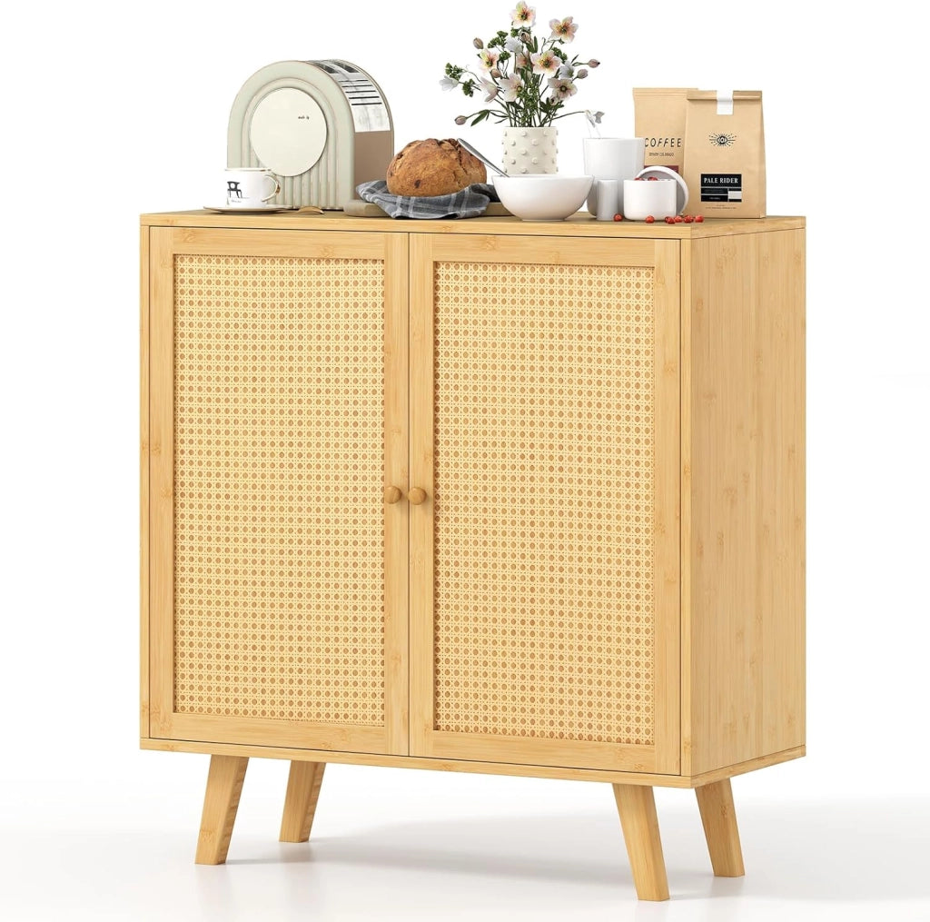 Credenza da cucina in bambù con 2 ante decorate in rattan, 80 x 34,5 x 85 cm, armadio a 2 livelli, stile boemo, mobile per sala da pranzo, soggiorno, camera da letto