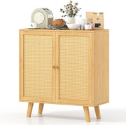 Credenza da cucina in bambù con 2 ante decorate in rattan, 80 x 34,5 x 85 cm, armadio a 2 livelli, stile boemo, mobile per sala da pranzo, soggiorno, camera da letto