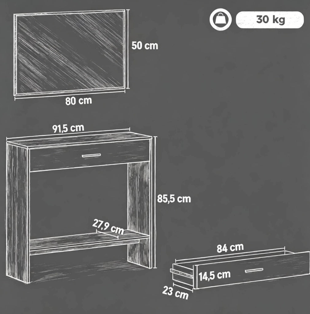 Mobile da ingresso con specchio, cassetto e ripiano aperto, finitura naturale