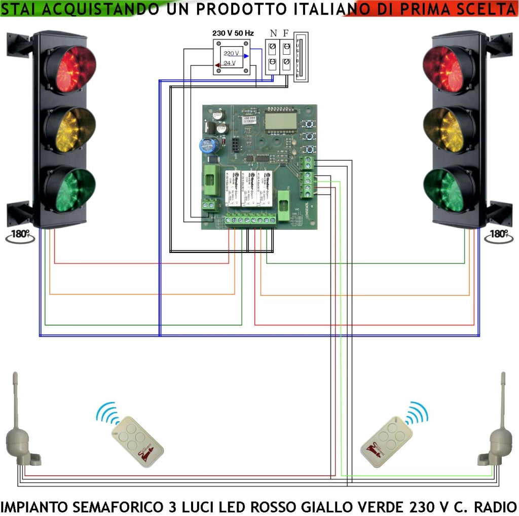 Kit Impianto Semaforo 24 Led Rossi Gialli e Verdi 230 V 50 Hz 3 W IP65 Funzioni Controllate da 2 Radioriceventi 2 Radiocomandi 433 MHz Tempi Regolabili da 3 a 240. Ingresso Uscita Veicoli Parcheggio