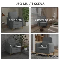 Poltroncina Moderna con Tessuto effetto Lino, Gambe in Acciaio e Tasche laterali, 72x72x90cm, Grigio