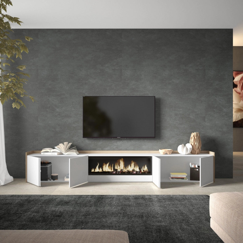 Mobile TV Soggiorno, 315x50x35 cm, Per TV fino a 80", Camino elettrico XXL, Bianco e Rovere soft