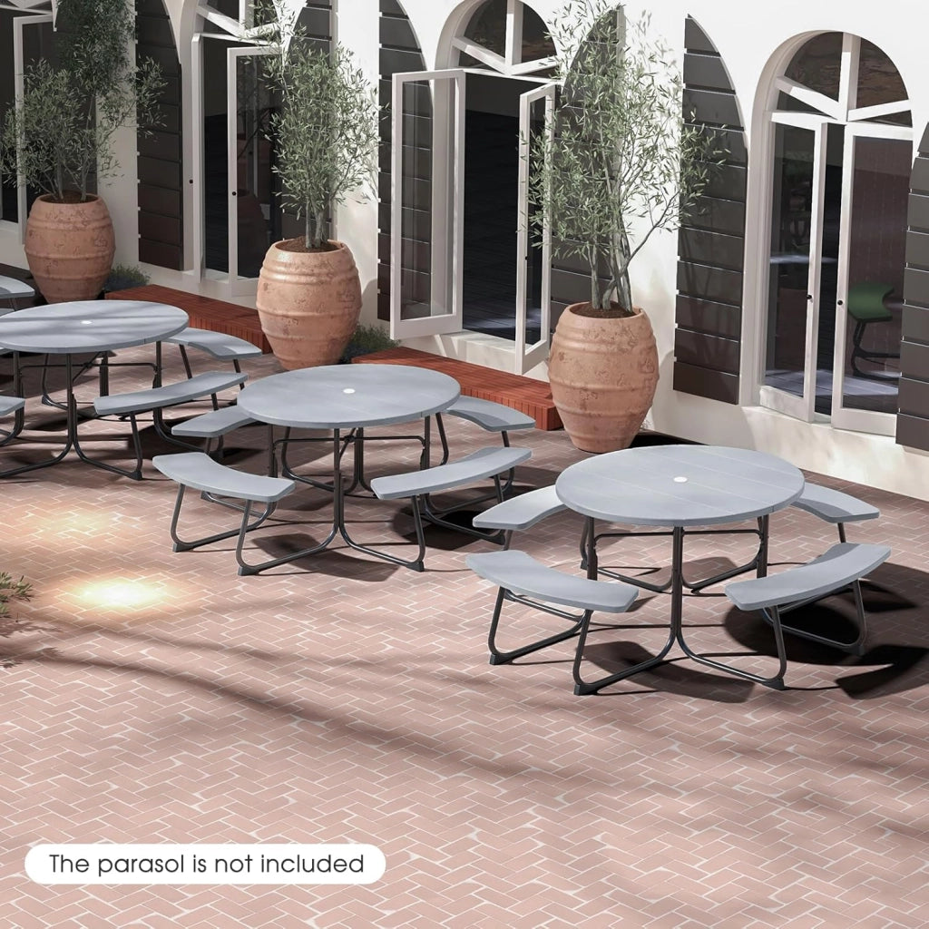 Set da Giardino per 8 Persone, Tavolo Rotondo da Picnic con 4 Panche, Tavolo da Birra in HDPE con Foro per Ombrellone, Set da Esterno Resistente