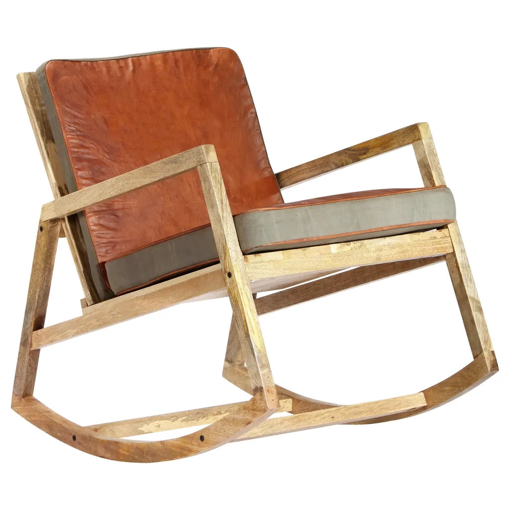 Sedia a Dondolo Marrone in Vera Pelle e Legno Massello di Mango 282906