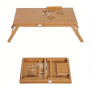 Tavolino pieghevole con cassetto e piano inclinabile per letto in bambù 55×35×22-32.5 cm