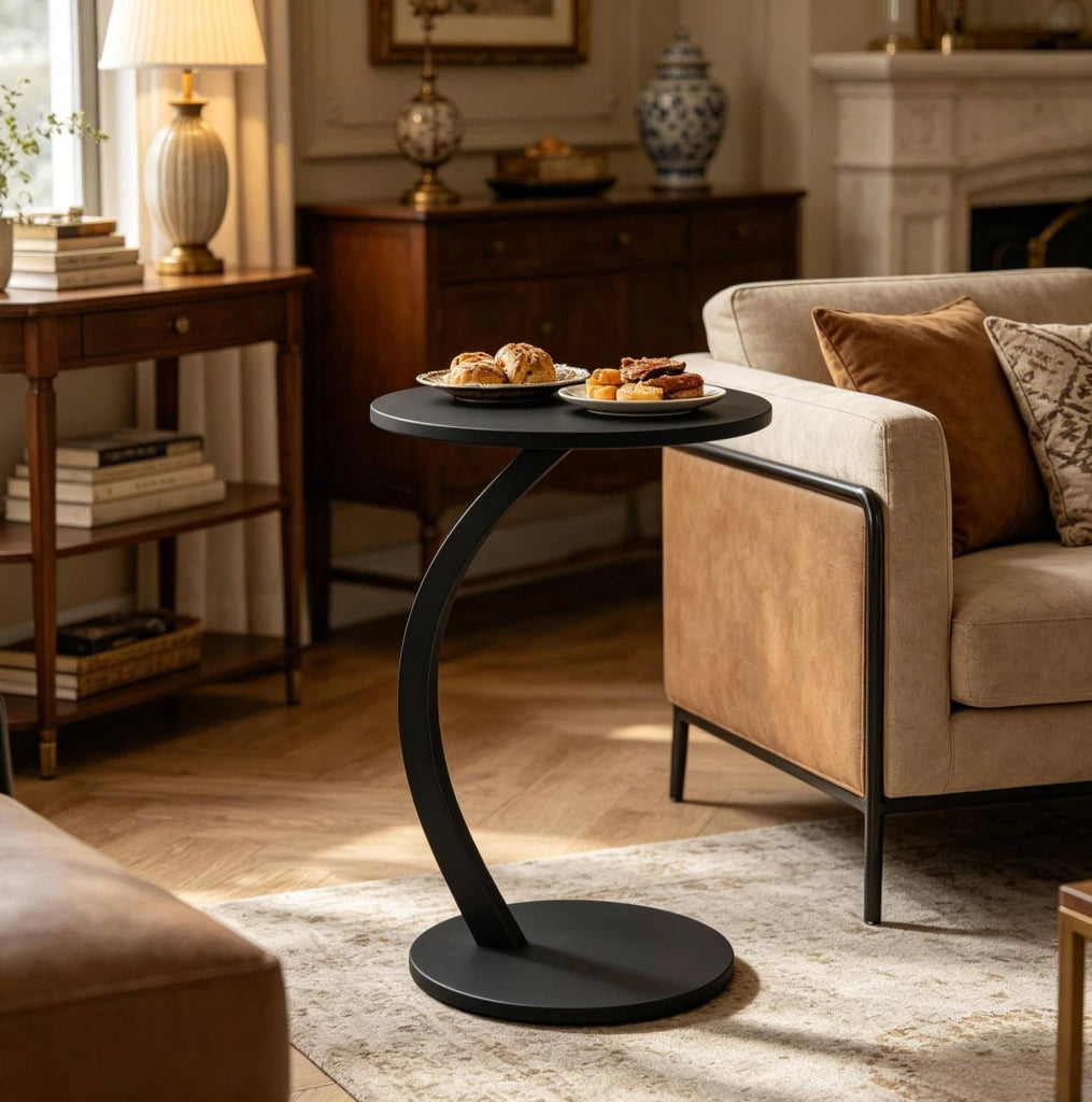 Tavolino laterale a C rotondo 40x65 cm in MDF e metallo nero， salvaspazio per divano