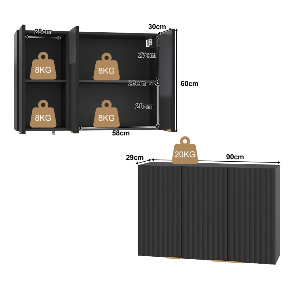 Pensile da parete con 3 ante in MDF; 90 x 29 x 60 cm; nero
