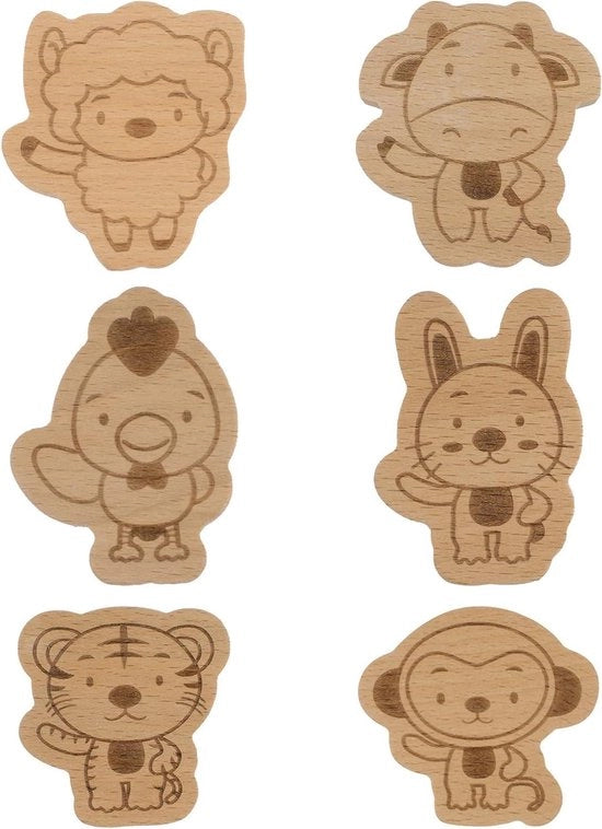 Set di 6 Manici in Legno di Betulla per Animali Selvatici - Coniglio, Pollo, Agnello, Scimmia, Tigre, Mucca - Decorazione per Camera dei Bambini e Cerniere per Armadi
