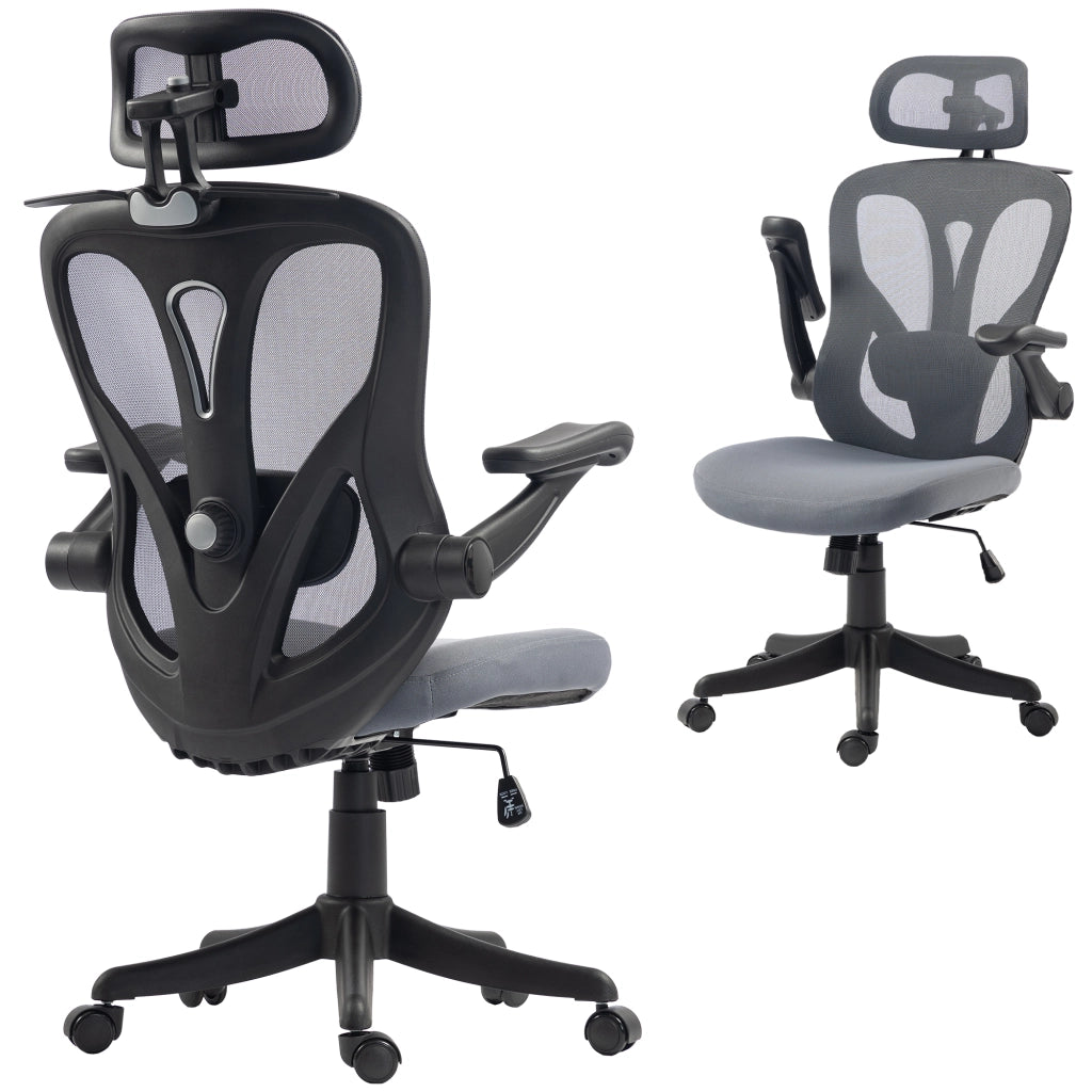 Sedia Ufficio Ergonomica, Braccioli Ribaltabili 3D, Poggiatesta 2D, Appendiabiti, in Rete, Grigio Scuro