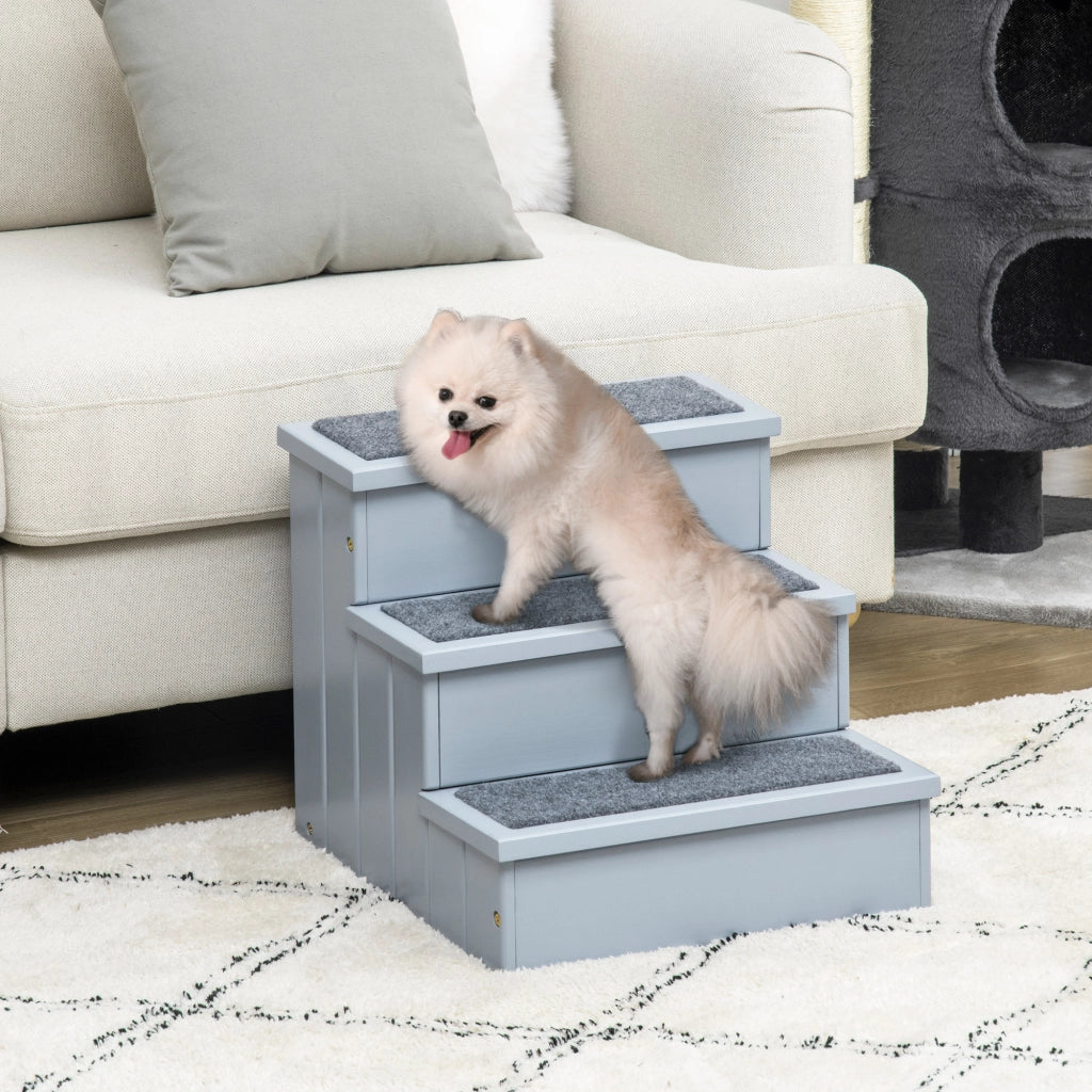 Scala per animali domestici a 3 gradini con portaoggetti e feltro antiscivolo in legno grigio 40,5 × 44,5 × 38 cm