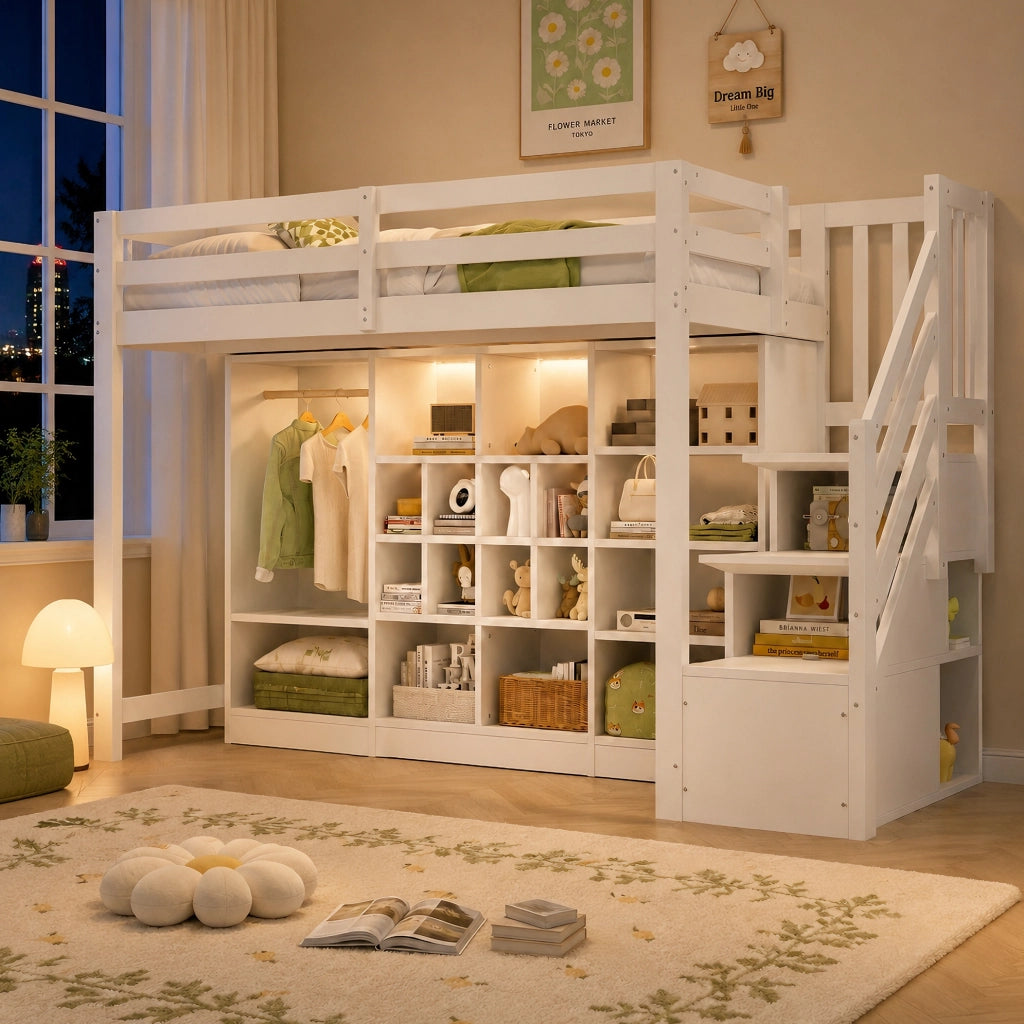 Letto a soppalco 90x200 cm in legno bianco con armadio integrato; ripiani e LED