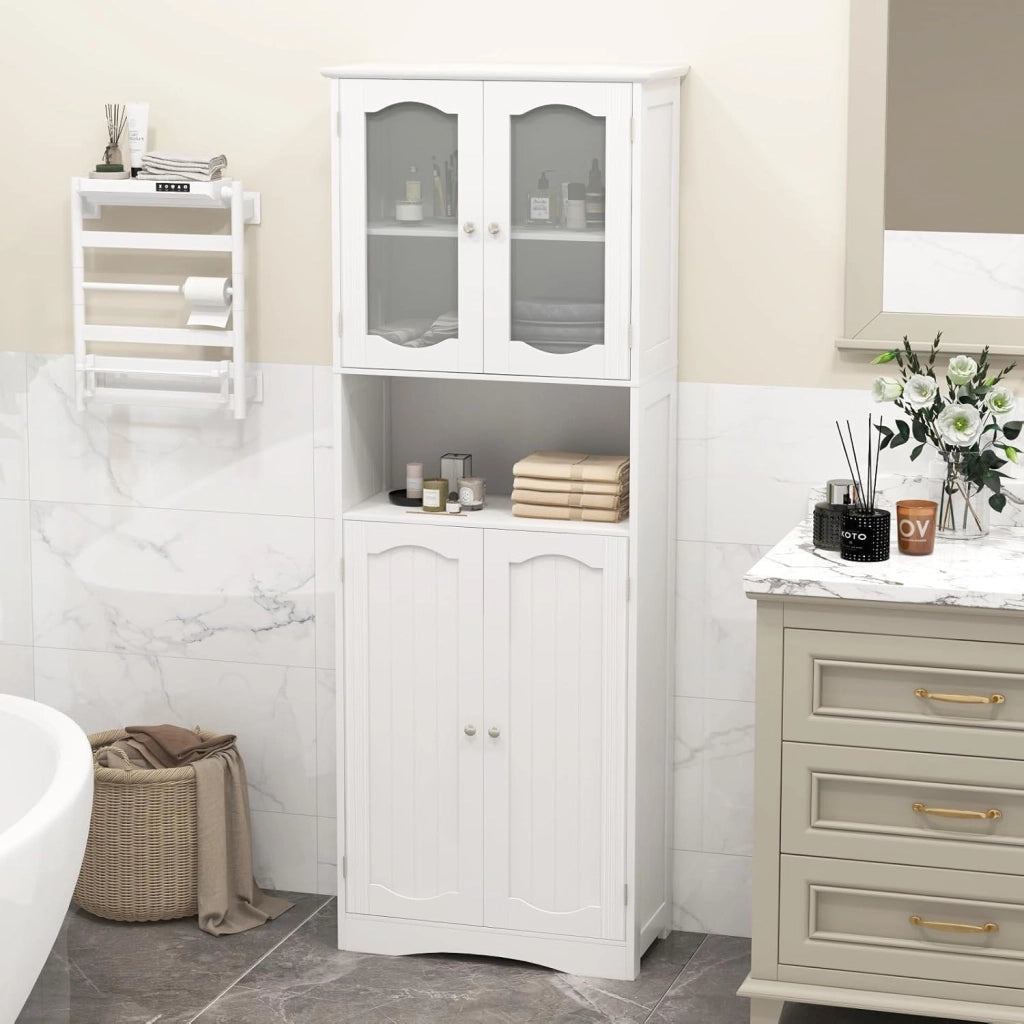Armadio Alto da Bagno con Ante in Vetro Temperato, Ripiani Regolabili, Kit Anti-Ribaltamento, per Bagno, Soggiorno, Sala da Pranzo e Cucina, 60x30x164 cm (Bianco)
