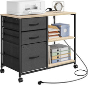 Cassettiera da Ufficio, Armadietto con 3 Cassetti e 2 Ripiani, Schedario da Ufficio con Ruote, Porta Stampante con Sezione di Ricarica, in Legno e Metallo, Rovere Chiaro, ASK07hei