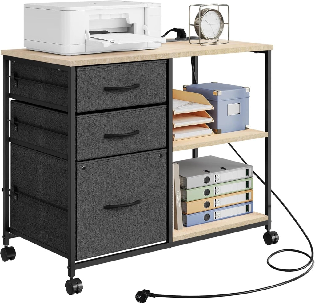 Cassettiera da Ufficio, Armadietto con 3 Cassetti e 2 Ripiani, Schedario da Ufficio con Ruote, Porta Stampante con Sezione di Ricarica, in Legno e Metallo, Rovere Chiaro, ASK07hei
