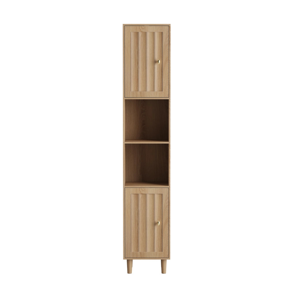 Armadio alto bagno 32x30x169 cm con ante scanalate e maniglie dorate in MDF naturale