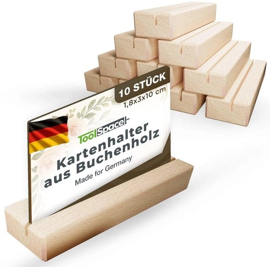 Sostegno per carte in legno SENZA schegge 10 posizioni per biglietti di benvenuto, menu e visite, stabile e resistente, in beugo naturale, lungo 10cm.