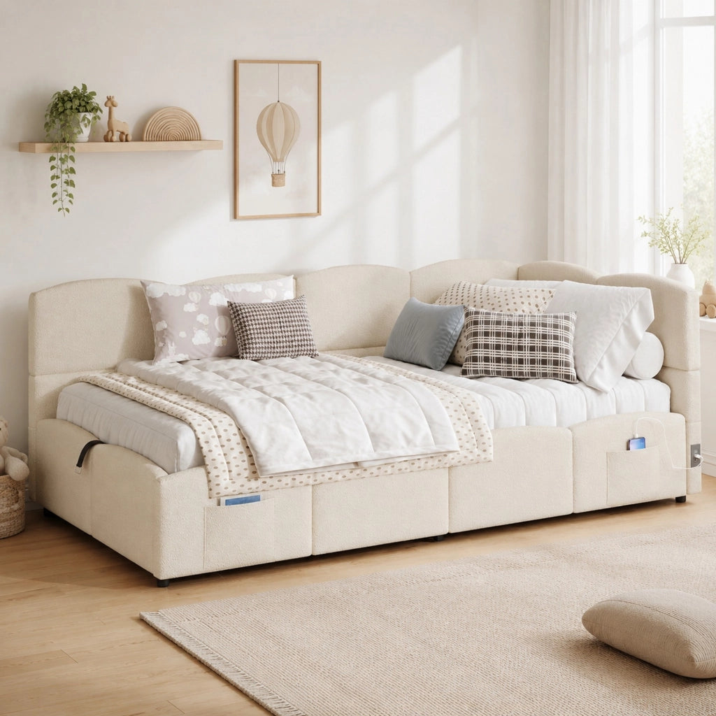 Letto singolo imbottito 90x200 cm in bouclé beige con contenitore idraulico, porte USB-A/USB-C e tasche laterali