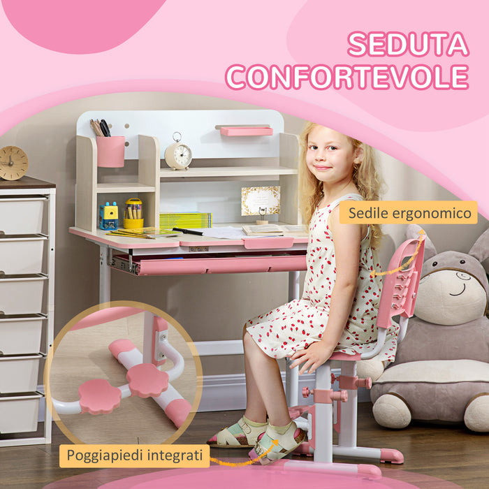 Set Scrivania e Sedia per Bambini da 3 Anni Regolabile Tavolo Inclinabile a 60° con Cassetto e Ripiani in PP e Acciaio