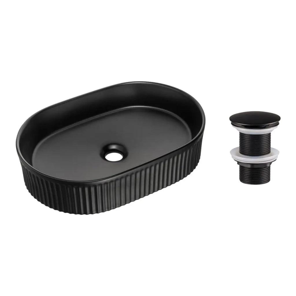 Lavabo ovale da appoggio 48x33 cm nero opaco con piletta clic-clac nera inclusa