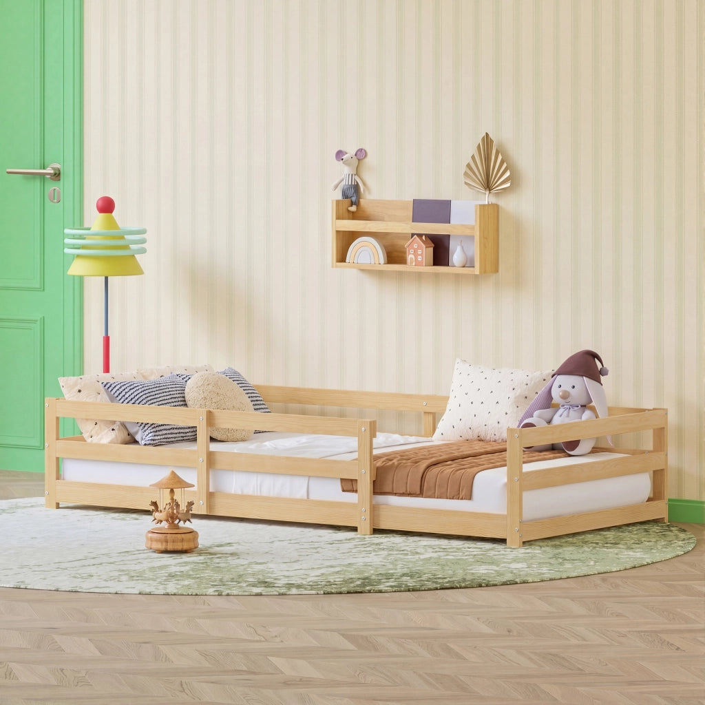 Letto per bambini 90 × 200 cm con barriera di sicurezza a 4 lati, senza materasso, in legno di pino, naturale