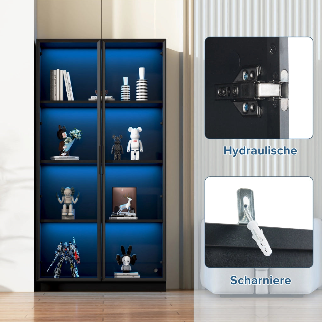 Vetrina con 4 Ante in Vetro e Telaio in Alluminio; LED Controllato via App; Ripiani Regolabili; Stile Moderno; in Truciolare; Nero