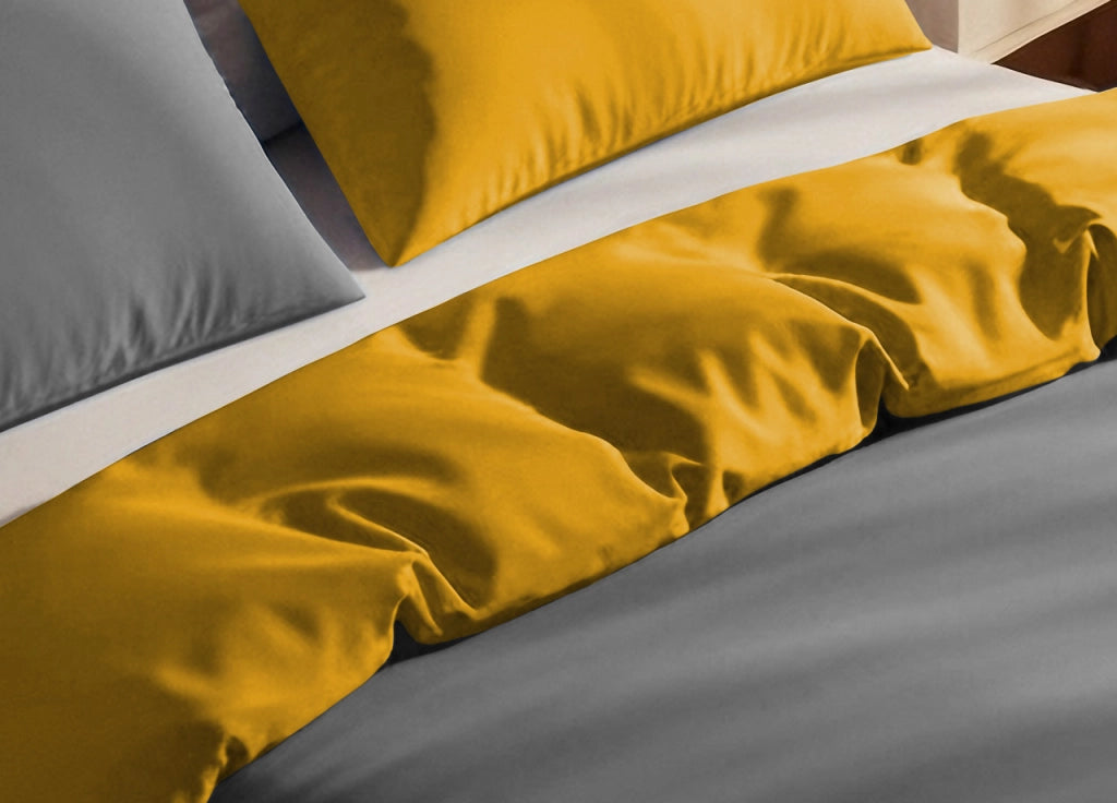 Copripiumino Tinta Unita Bicolor 100% Puro Cotone Made In Italy Doubleface CN - Matrimoniale - Giallo-Grigio Sc