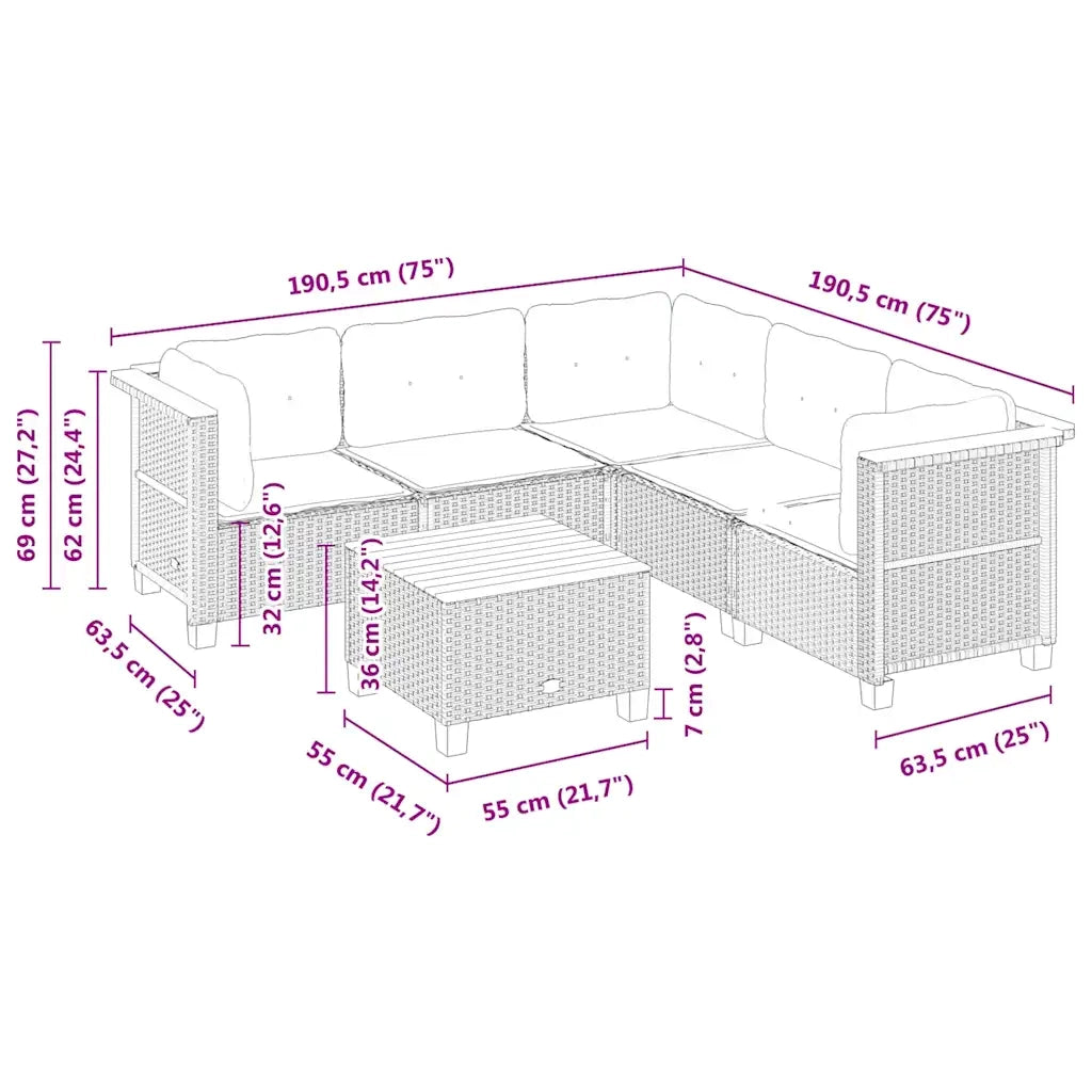 Set Divano da Giardino 6 pz con Cuscini Beige in Polyrattan 3261829
