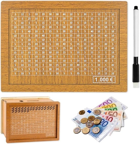 Pigione per adulti - Contenitore per risparmio - Contenitori per risparmio - Risparmiare con un obiettivo - In legno - Fino a €10.000 - Riciclabile - Per ragazzi e ragazze - Must have per grandi risparmiatori!