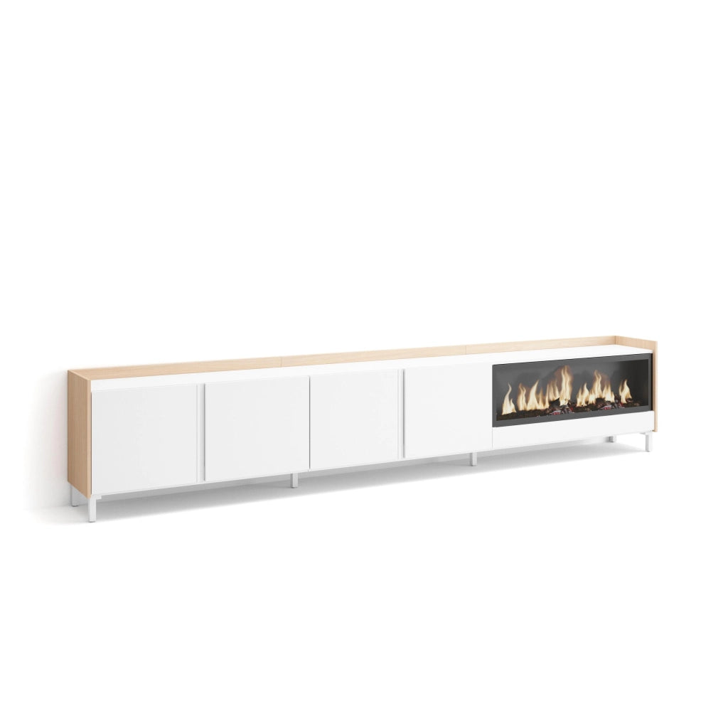 Mobile TV Soggiorno, 315x61x35 cm, Per TV fino a 80", Camino elettrico XXL, Design industriale, Bianco e Rovere soft
