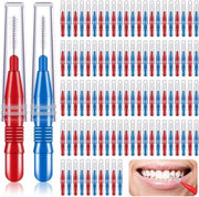 100 set di spazzolini interdentali, spazzole da denti, lamiere da denti, stecchi da denti, accessori per igiene orale, rosso e blu.