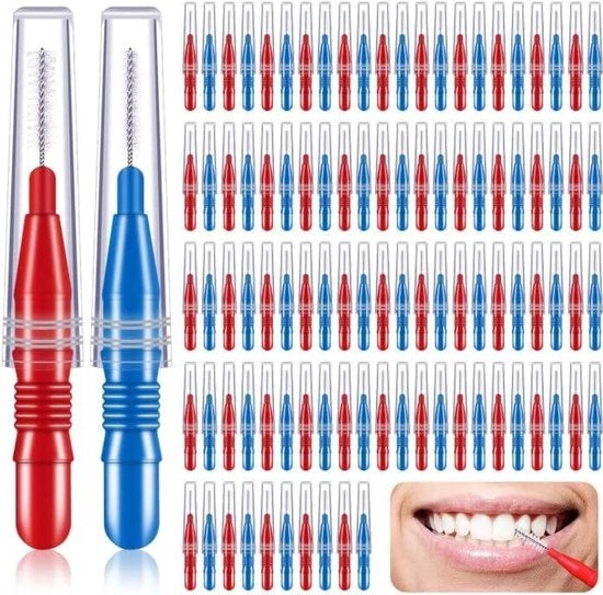 100 set di spazzolini interdentali, spazzole da denti, lamiere da denti, stecchi da denti, accessori per igiene orale, rosso e blu.