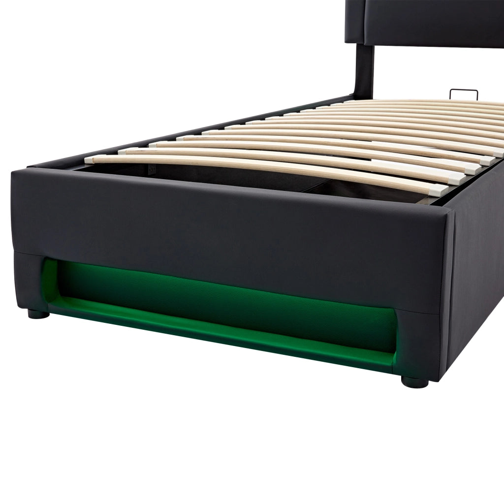 Letto Contenitore 90x200 cm; Letto Singolo - USB; LED Regolabile e in PU Nero