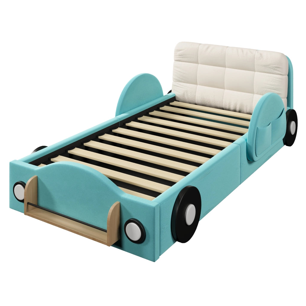 Letto imbottito 90x200 cm con contenitore idraulico; tasche laterali e cuscino grande in flanella blu