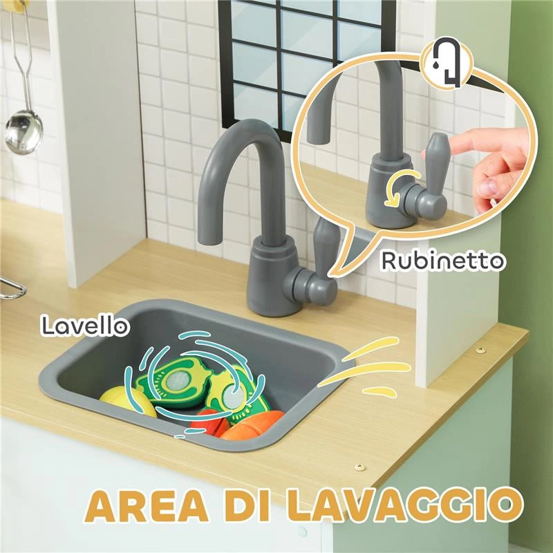 CUCINA GIOCATTOLO PER BAMBINI CON FORNELLI E ARMADIETTI, IN ACCIAIO, LEGNO E PP, 72X33X85.2 CM, BLU E BIANCO
