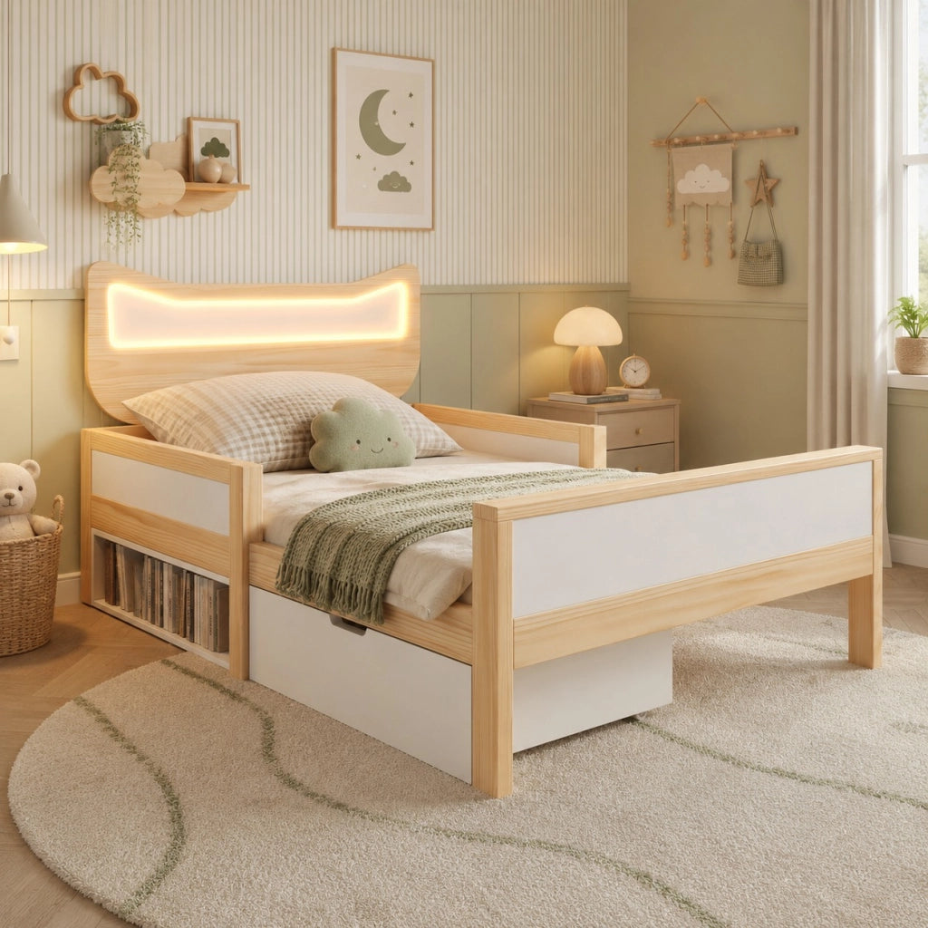 LETTO 90x190 cm con testiera gatto RGB LED, bianco e rovere